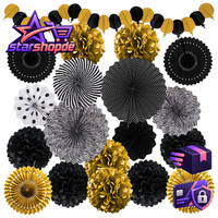 Party Dekoration Schwarz Gold Papier Pompoms FäCher Girlande Set Geburtstag