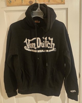 Von Dutch Men's Black Pullover Hoodie Size M Skull Logo Graphic Kangaroo Pocket
