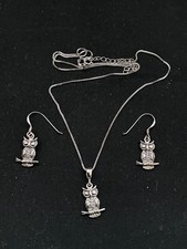 Sterling silver owl pendant necklace, matching earrings + book mark
