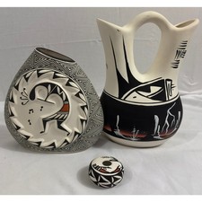Vintage Native American Pottery Lot 3 Navajo Acoma Kokopelli Wedding Vase Seed