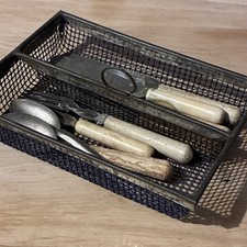 Antique Miniature Doll Silverware, Flatware with Tole Caddy, Tote Red