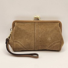 Vintage Coach Khaki Suede Kisslock Wristlet Clutch Bag