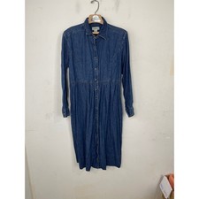 LL Bean Denim Midi Dress Womens 12 Petite Blue Cotton Button Front Long Sleeve