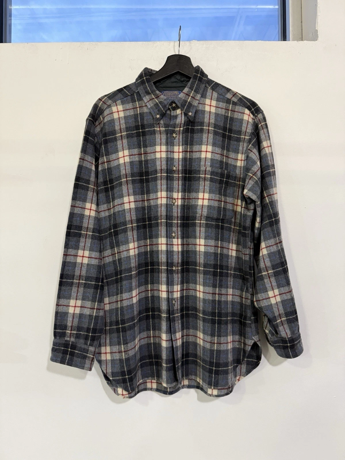 Size Large - Vintage Pendleton Shirt Blue Plaid Wool Flannel Outdoor USA 90s