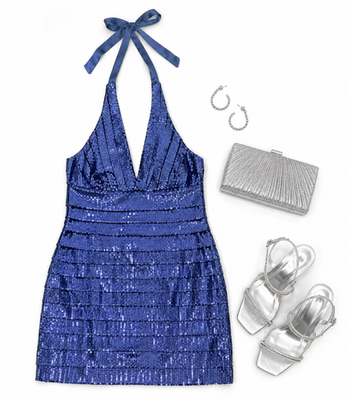 blue sequin dress forever 21 Forever 21 Blue Sparkly Glitter V-Neck Side Drawstring Halter Wrap Dress