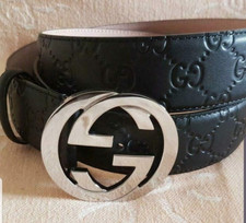 Authentic Gucci Black Leather Monogram Classic Belt Silver GG 90cm