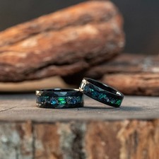 Couple Rings Matching Black Meteorite Opal Tu...