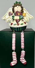 Vintage Christmas Holiday Girl Angel with Hearts Resin Holiday Striped Legs 6.5"