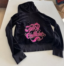 Vintage Juicy Couture Black Velour Zip Hoodie Pink Logo Y2K Women s Size L