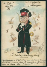 art Roberty Kaiser aviation Metz Political caricature 1912 hand painted postcard