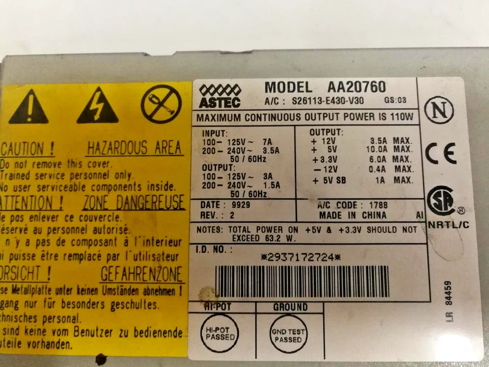 Alimentatore ASTEC  110W  AA20760  Testato e funzionante - Immagine 2 di 3