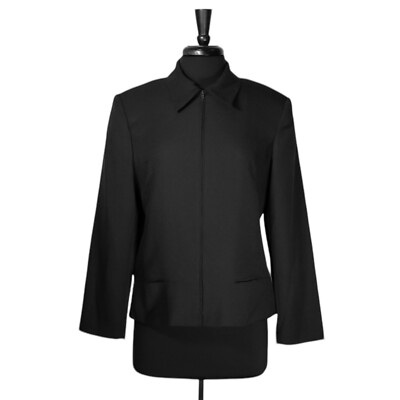Vintage Sandro Womens Jacket 14 Black Full Zip Collared Lined Retro Blazer Coat