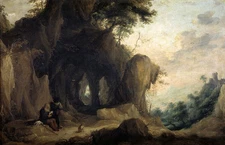 Oil painting david ll teniers - stunning dusk landscape with villagers and dog