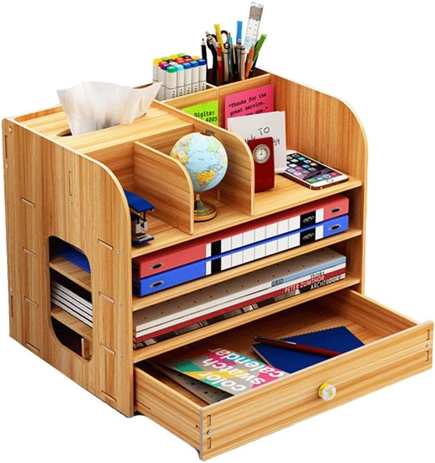 Desk Organiser, Large Desktop Organizer Wooden with Drawer Pen Pencil  Holder