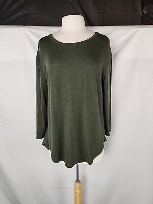 RD Style Pullover Sweater XL Women Green 3/4 Sleeve Split Open Back Minimalist