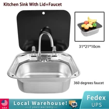 RV Caravan Camper Boat Stainless Steel Hand Wash Basin Kitchen Sink + Lid Faucet