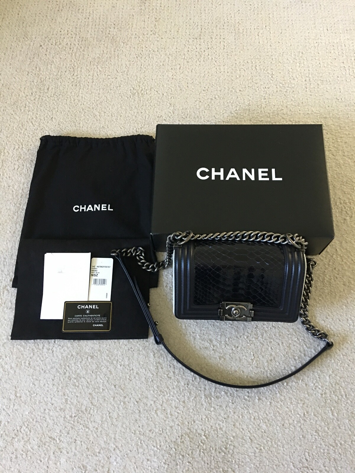 Chanel Navy Blue Python Small Boy Bag Ruthenium-F… - image 1