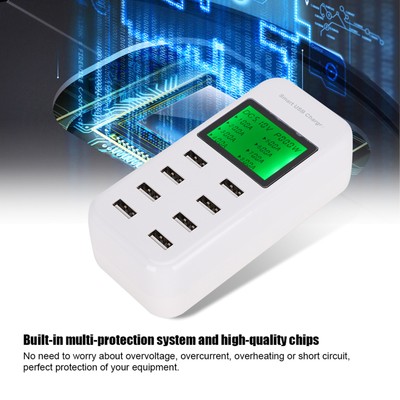 New US Plug 8 Port Smart LCD Display USB Charger Hub Power Extension Station Doc