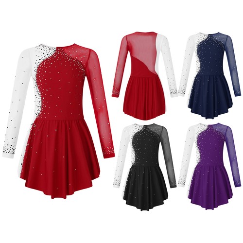 Kids Girls Leotard Rhinestone Dance Dress Ice Roller Gymnastics Skating Outfit - Picture 5 of 98