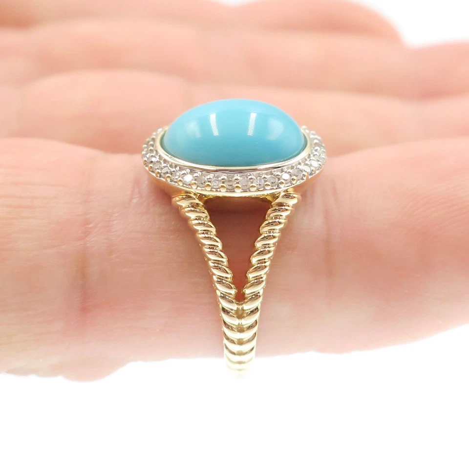 Maravilloso Anillo HALO de Oro Amarillo Sólido 14k Turquesa Natural y Diamantes Talla 6.25 Foto 3 de 4