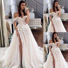 Beach High Side Split Wedding Dresses Off Shoulder A Line Lace Bridal Gowns
