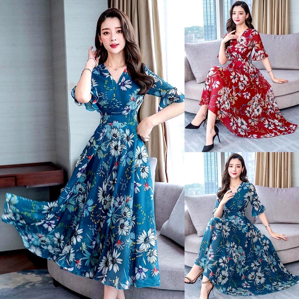 Women Casual Floral Print Slim A-Line Dress,V-Neck Short Sleeve Long Dress  | eBay