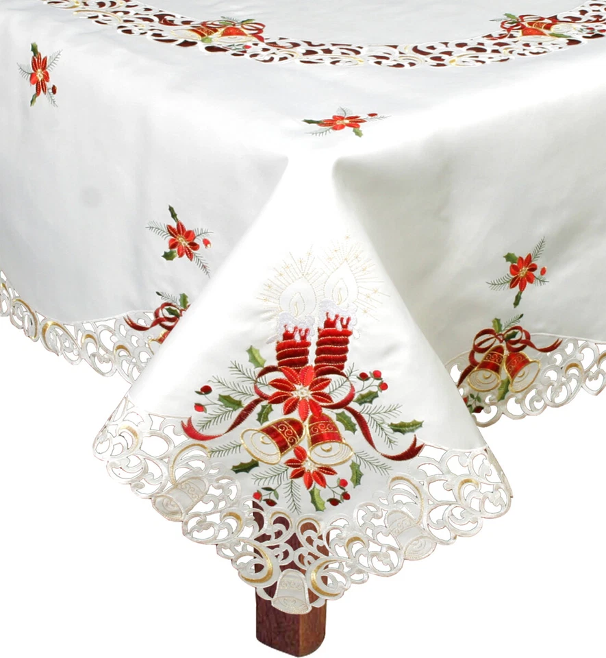 Holiday Christmas Embroidered Poinsettia Bell Tablecloth & Napkins White 6625W - Image 2 of 4