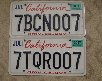 56 - CALIFORNIA LICENSE PLATE PAIR 7BCN007 & 7TQR007 DOUBLE O7 JAMES BOND