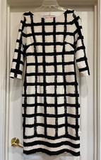 ELIZA J Dress-White Polyester Knit Sheath, 3/4 Sleeve, Black Grid, Lined, Size 8