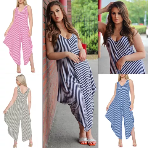 Womens Italian Double V Neck Stripe Hareem Jumpsuit Summer Festival Beach Dress! - Picture 2 of 62