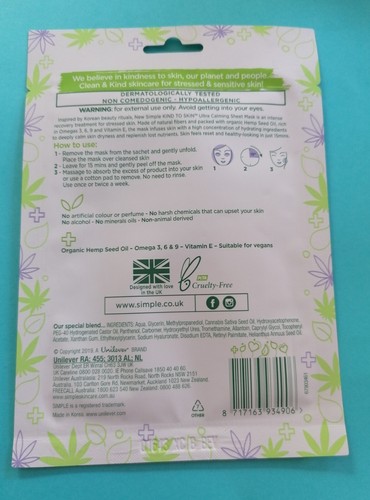 Simple Hemp Ultra Calming Sheet Mask – FREE P&P - Picture 2 of 2
