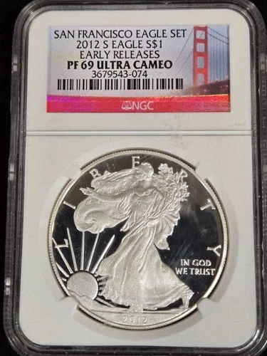 2012 S PROOF AMERICAN SILVER EAGLE NGC PF69 ULTRA CAMEO EAGLE SET BAY BRIDGE LBL