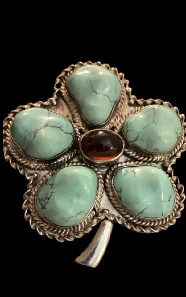 BJ PLATA ESTERLINA GRANDE TURQUESA ÁMBAR FLOR COLGANTE/BROCHE