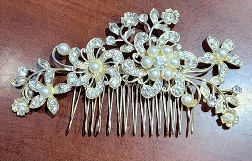 Vintage IML Faux Pearl Crystal Silver Tone Hair Comb Bridal
