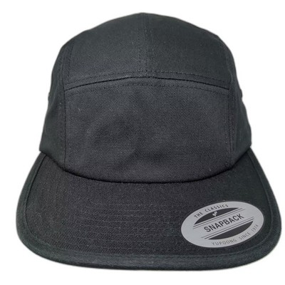 Yupoong 5 Panel Black Hat OS Slideback Flat Brim Solid Cotton Twill Cap Eyelets