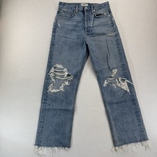 AGOLDE 90's Mid Rise Loose Fit Jeans in Fall Out 25 Distressed Denim Button Fly