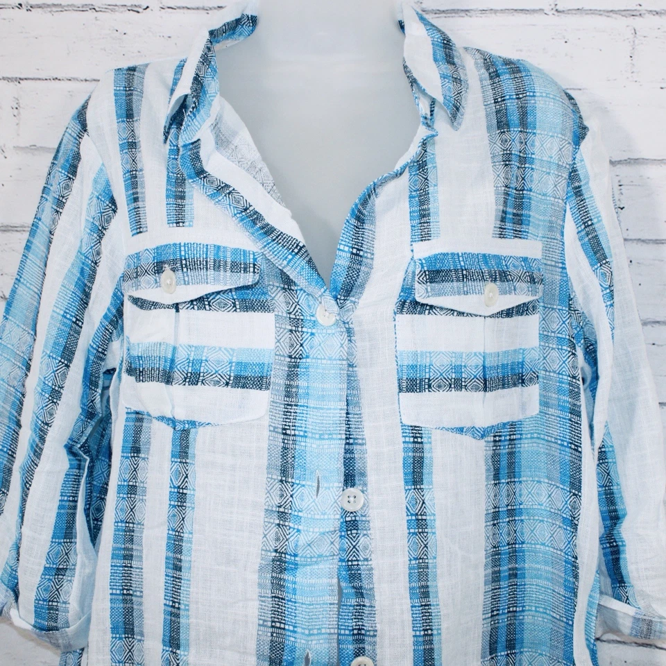 Vestido camisero a rayas de algodón Dotti Mykonos encubrimiento detalle de ganchillo azul talla pequeña Foto 3 de 4