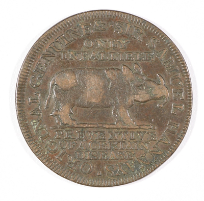 #ad 1844 quot;Sir Samuel Hannayquot; Bronze Advertising Token Very Good $25.00