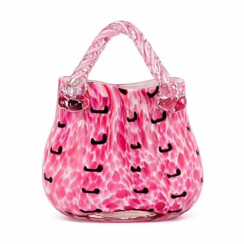 Murano-Style Art Glass Purse Vase – Pink, White, Black & Clear Swirl Vintage