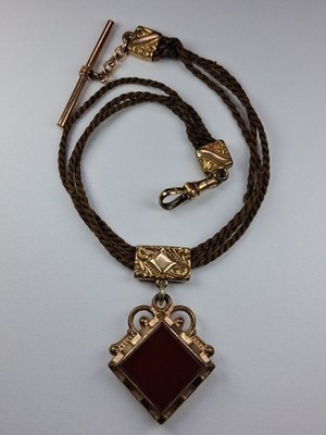 Antique Vintage Victorian-Era ''F.M. Co.'' Braided Hair Watch Chain & Fob Pendant
