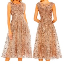Mac Duggal 20398 Sequined Cap Sleeve Fit and Flare Dress Bronze Size 14 NWT