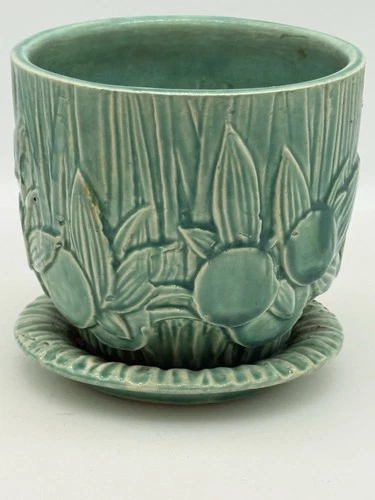 Vintage McCoy Teal "Sand Dollar" Design Planter with Attached Saucer 5”