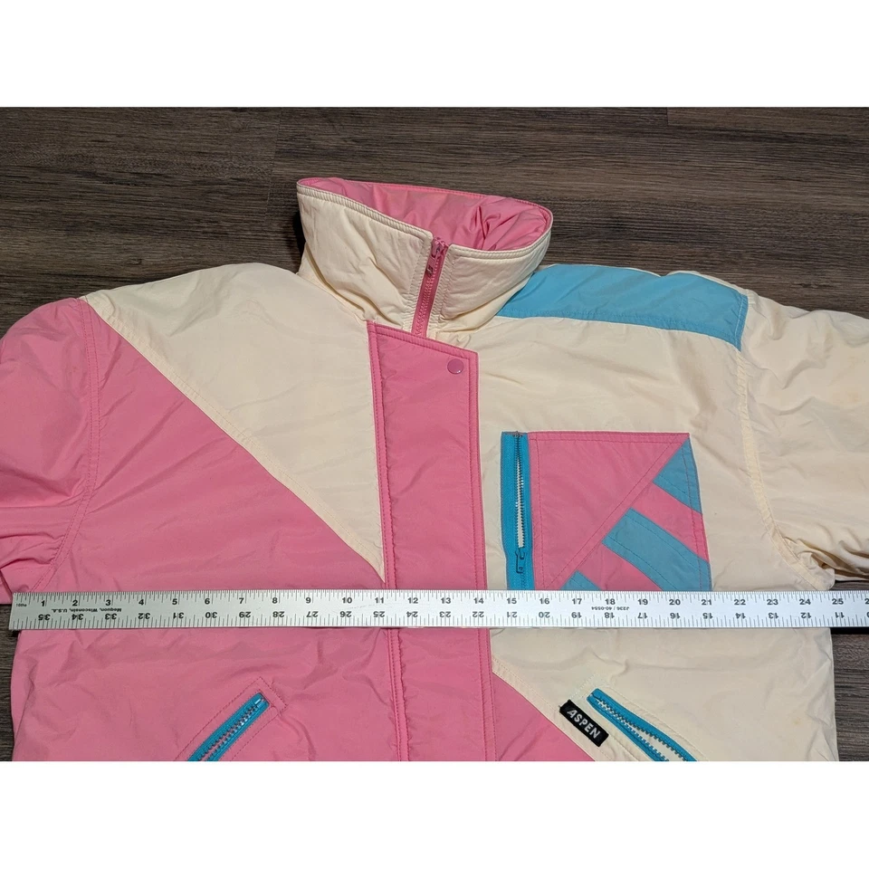 Chaqueta de esquí retro Aspen años 80 rosa crema verde azulado bloque de color acolchado cremallera completa talla L Foto 4 de 4
