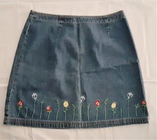 Route 66 Blue Denim Jean Skirt w/ Embroidered Flowers 100 Cotton - Size 13/14