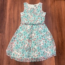 R K Womens Sleeveless Floral Print Dress Belt Size 18 Aqua  Gray Zip Spring VTG