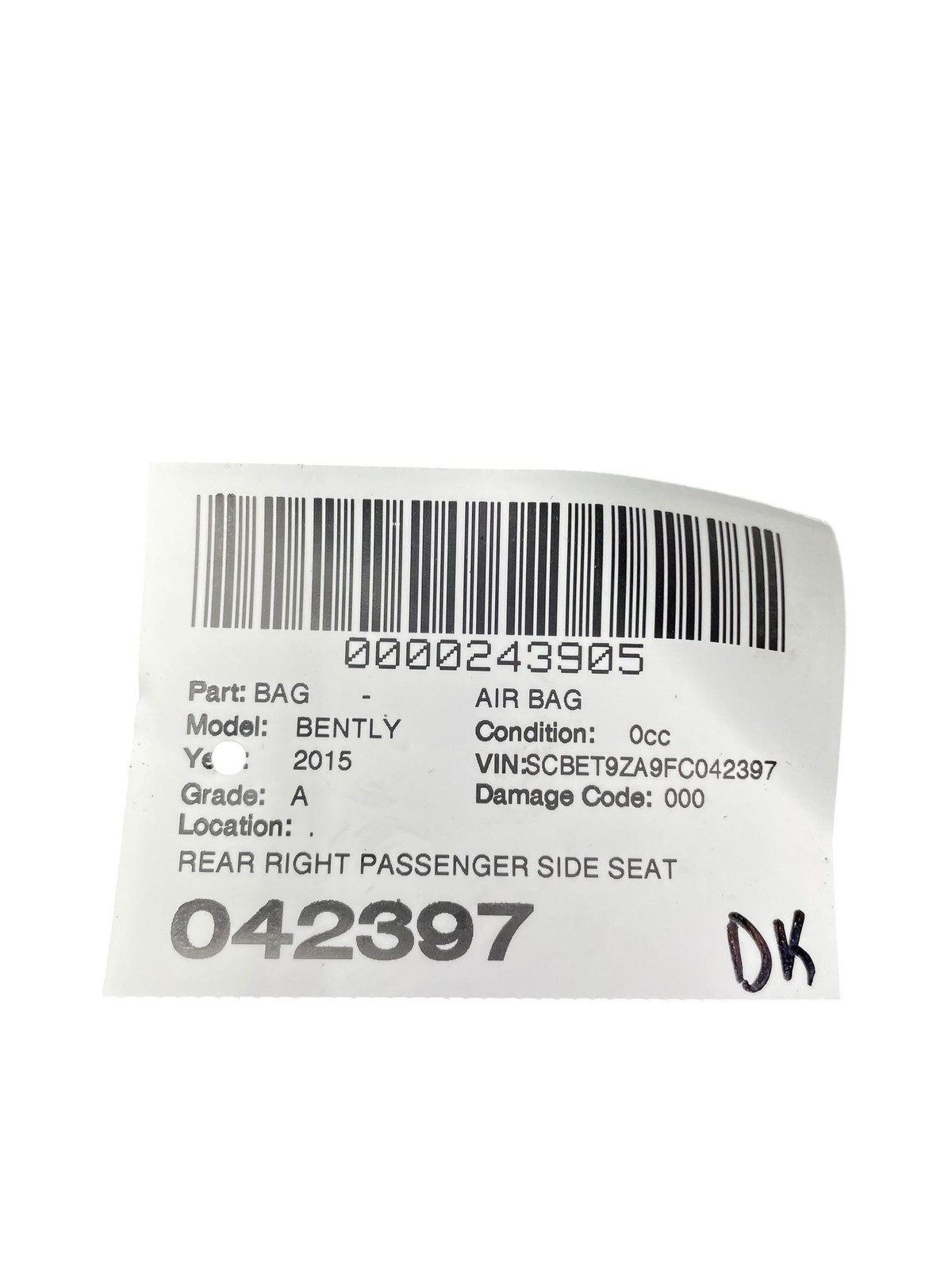 2013-2019 BENTLEY FLYING SPUR 4W 223B REAR RIGHT PASSENGER SIDE SEAT AIR BAG SRS