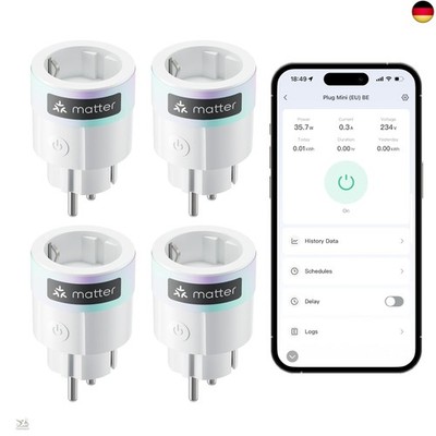 SwitchBot Plug Mini Matter-fähig mit Leistungsüberwachung 4er Pack, WLAN &