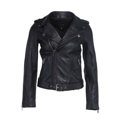 Maje Damen Jacke schwarz 100% Leder Gürtel Bikerschnitt Gr.36 S T1