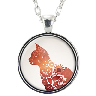 Orange Flower Cat Pendant Necklace, Handmade Jewelry, Floral Feline Gifts