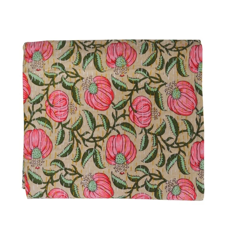 Colcha Kantha de algodón indio hecha a mano manta tamaño doble/grande amarilla Foto 3 de 4